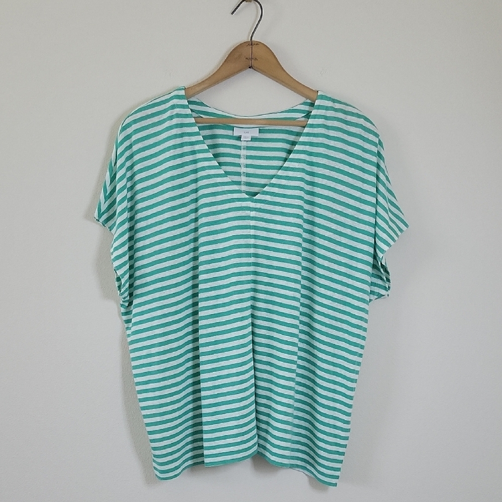J Jill Green White Striped Linen‎ Blend Vneck Tee Size Large Petite LP